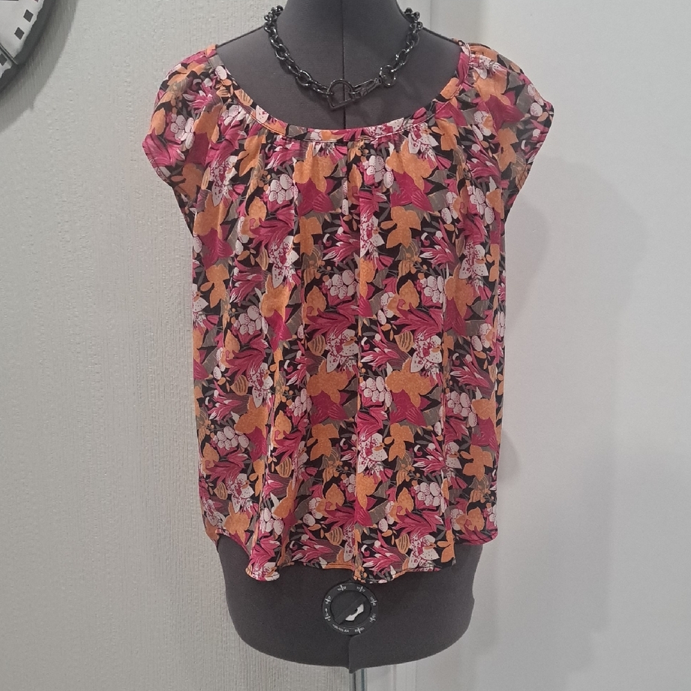 LOFT Pink and Orange Ruffled Blouse Relaxed Fit